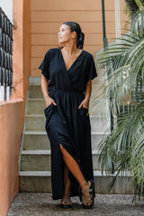 Vestido Étnica Largo con mangas y aberturas frontales - Negro