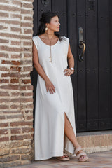 Vestido Sofía en Lino sin mangas con bolsillos y aberturas - Color Semilla