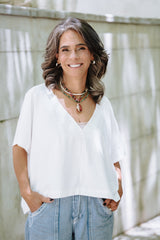 Blusa Zhara con mangas cuello en V- Blanco Perla