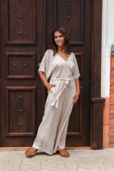 Enterizo Melodía largo con cinturón y bolsillos - Color Crudo