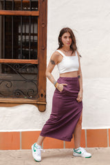 Falda Luna una abertura y bolsillos - Berenjena