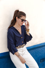 Blusa Boho manga 3/4 - Azul oscuro