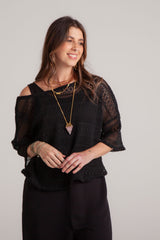 Blusa Mariposa tela de malla manga 3/4 - Negra