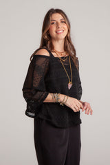 Blusa Mariposa tela de malla manga 3/4 - Negra