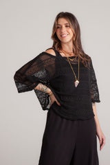 Blusa Mariposa tela de malla manga 3/4 - Negra