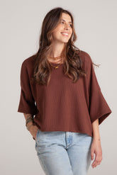 Blusa Mariposa tela de ribs manga 3/4 - Marrón