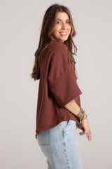 Blusa Mariposa tela de ribs manga 3/4 - Marrón