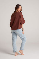 Blusa Mariposa tela de ribs manga 3/4 - Marrón