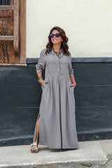 Vestido maxi vera manga larga con aberturas - Gris Luna