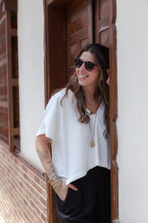 Blusa Zhara con mangas cuello en V- Blanco Perla