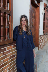 Blusa Boho manga 3/4 - Azul oscuro