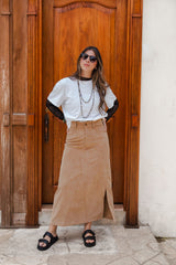 Falda Larga corduroy con bolsillos y abertura - Arena