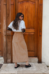 Falda Larga corduroy con bolsillos y abertura - Arena