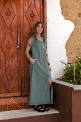 Vestido Sofía sin mangas con bolsillos y aberturas - Verde Oliva