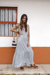 Vestido inspiración cuello recto con tiras y bolero - Gris