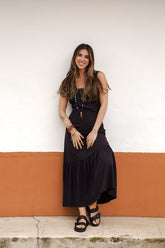 Vestido inspiración cuello recto con tiras y bolero - Negro