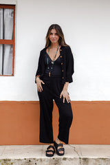 Blusa Boho manga 3/4 con botones - Negra