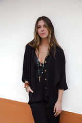Blusa Boho manga 3/4 con botones - Negra