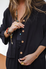 Blusa Boho manga 3/4 con botones - Negra