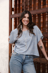 Blusa Amalia con mangas cuello redondo - Azul Cielo print