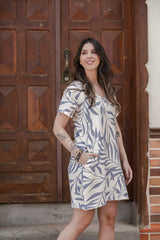 Vestido alma corto cuello en v o redondo - Hojas púrpura y beige