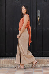 Falda Larga corduroy con bolsillos y abertura - Arena