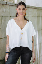 Blusa Zhara con mangas cuello en V- Blanco Perla
