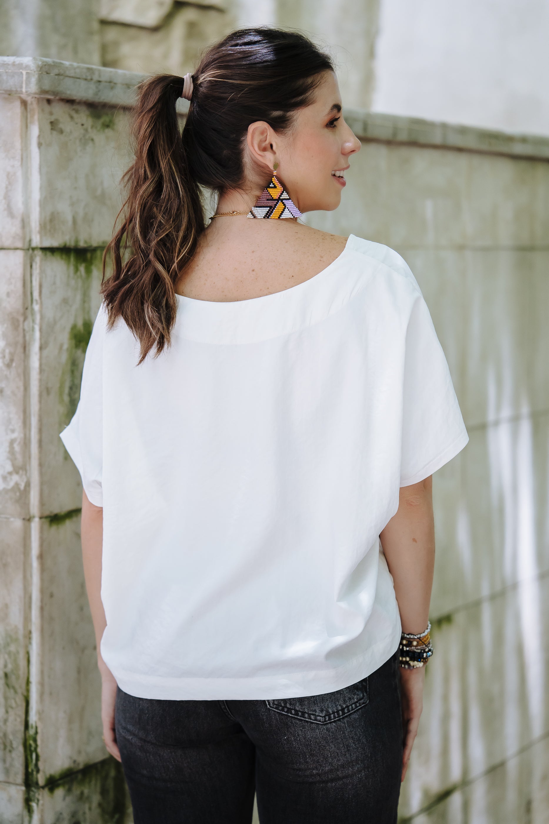 Blusa Zhara con mangas cuello en V- Blanco Perla