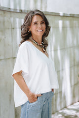 Blusa Zhara con mangas cuello en V- Blanco Perla