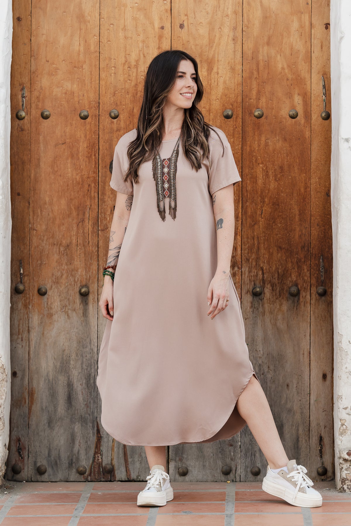 Vestido Alma multi cuello en V o redondo - Color Kaki