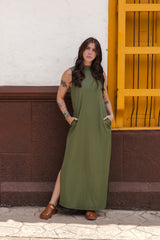 Vestido LUPE cuello alto sin mangas con aberturas - Verde Militar