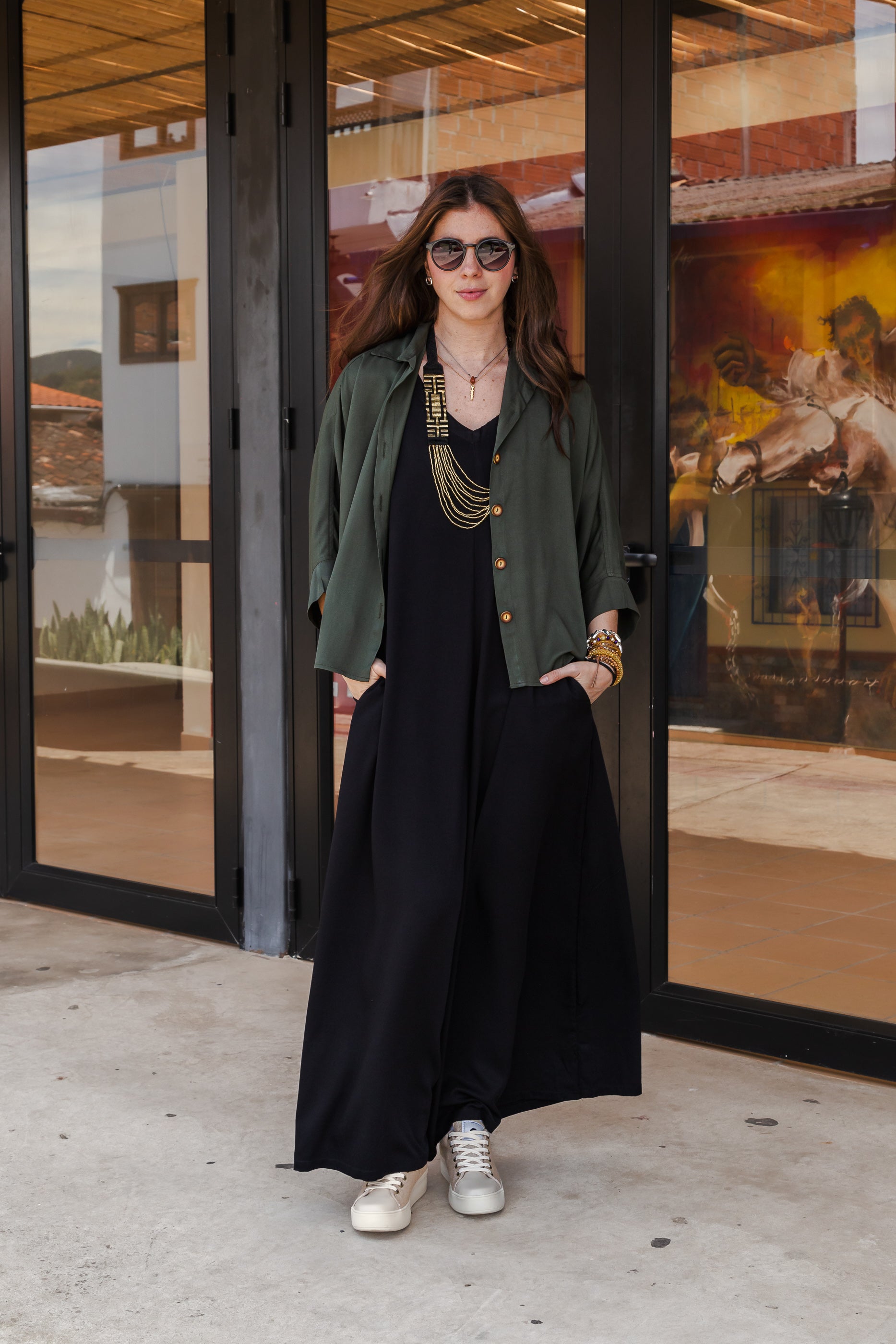 Blusa Boho manga 3/4  - Verde Militar