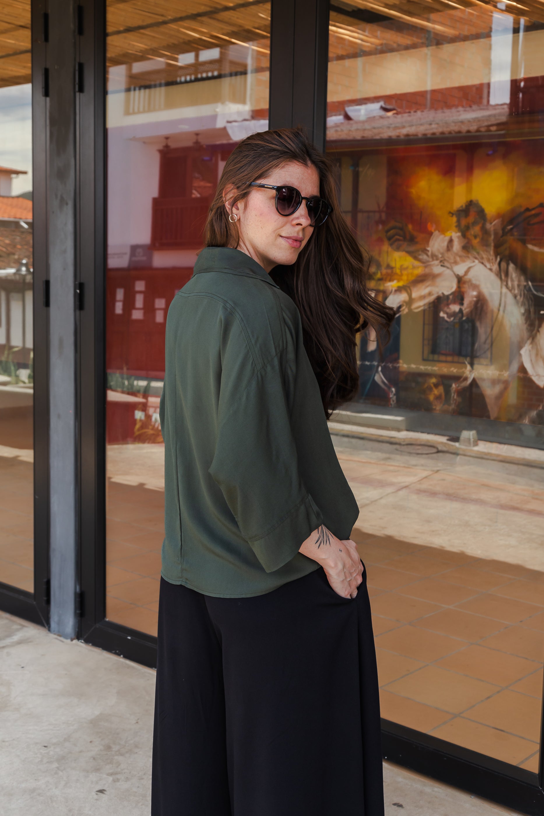 Blusa Boho manga 3/4  - Verde Militar