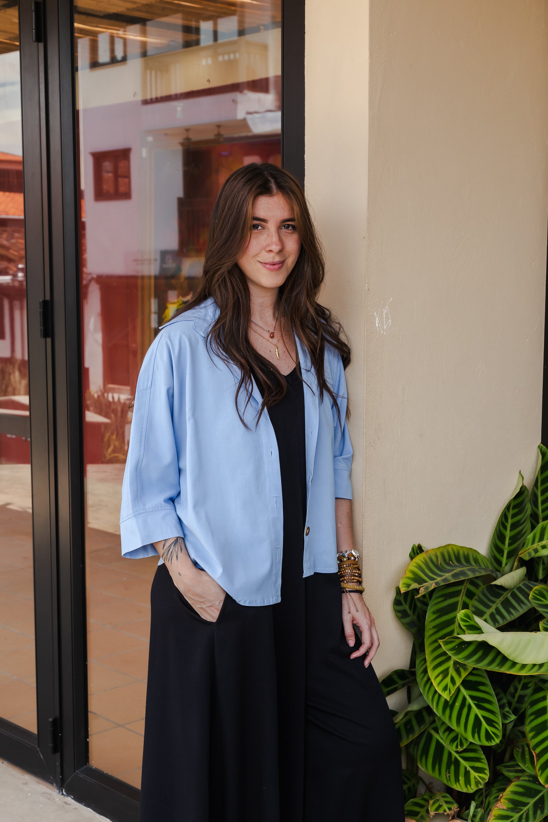 Blusa Boho manga 3/4  - Azul Cielo