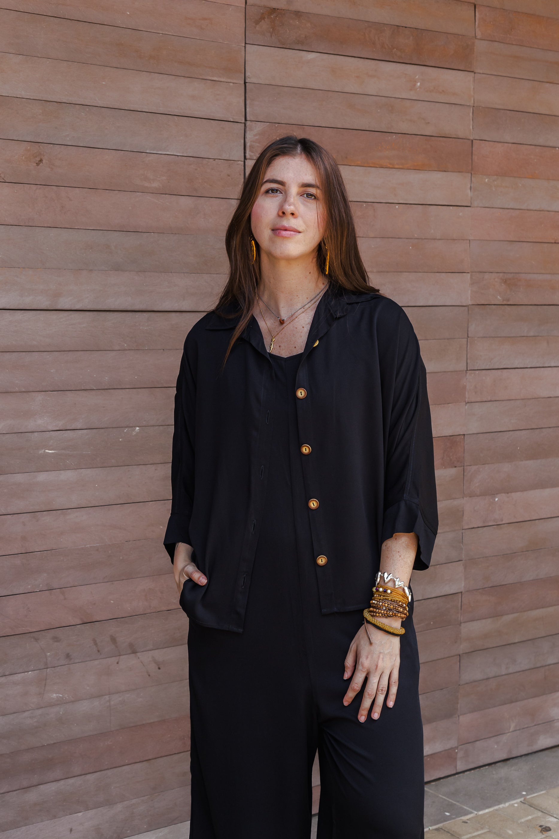 Blusa Boho manga 3/4 con botones - Negra