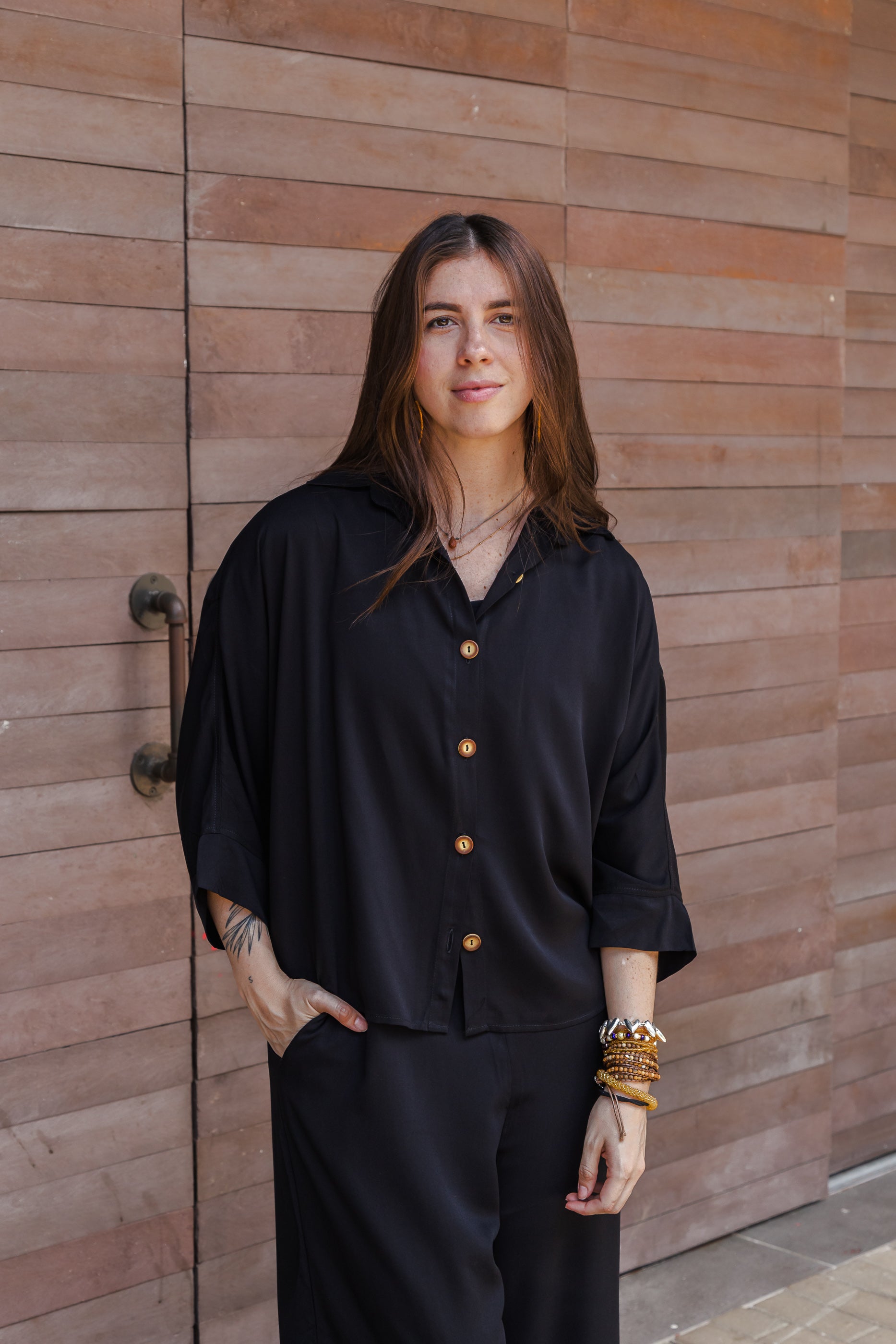 Blusa Boho manga 3/4 con botones - Negra