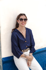 Blusa Boho manga 3/4  - Azul Oscuro