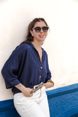 Blusa Boho manga 3/4  - Azul Oscuro
