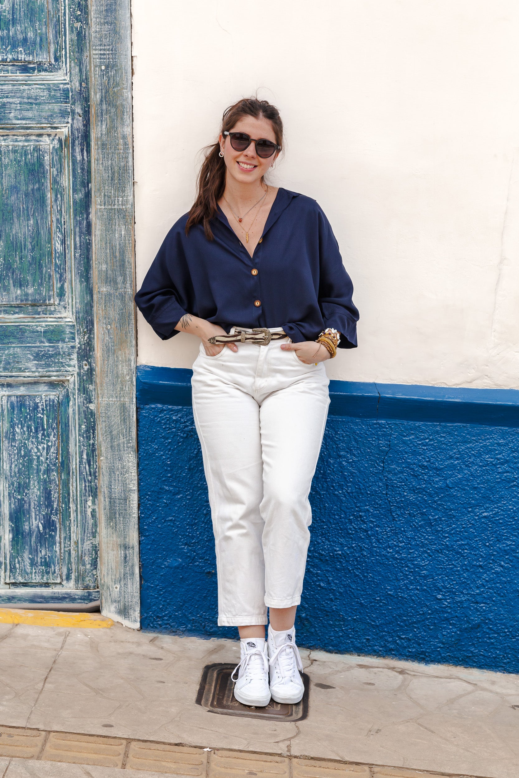 Blusa Boho manga 3/4  - Azul Oscuro