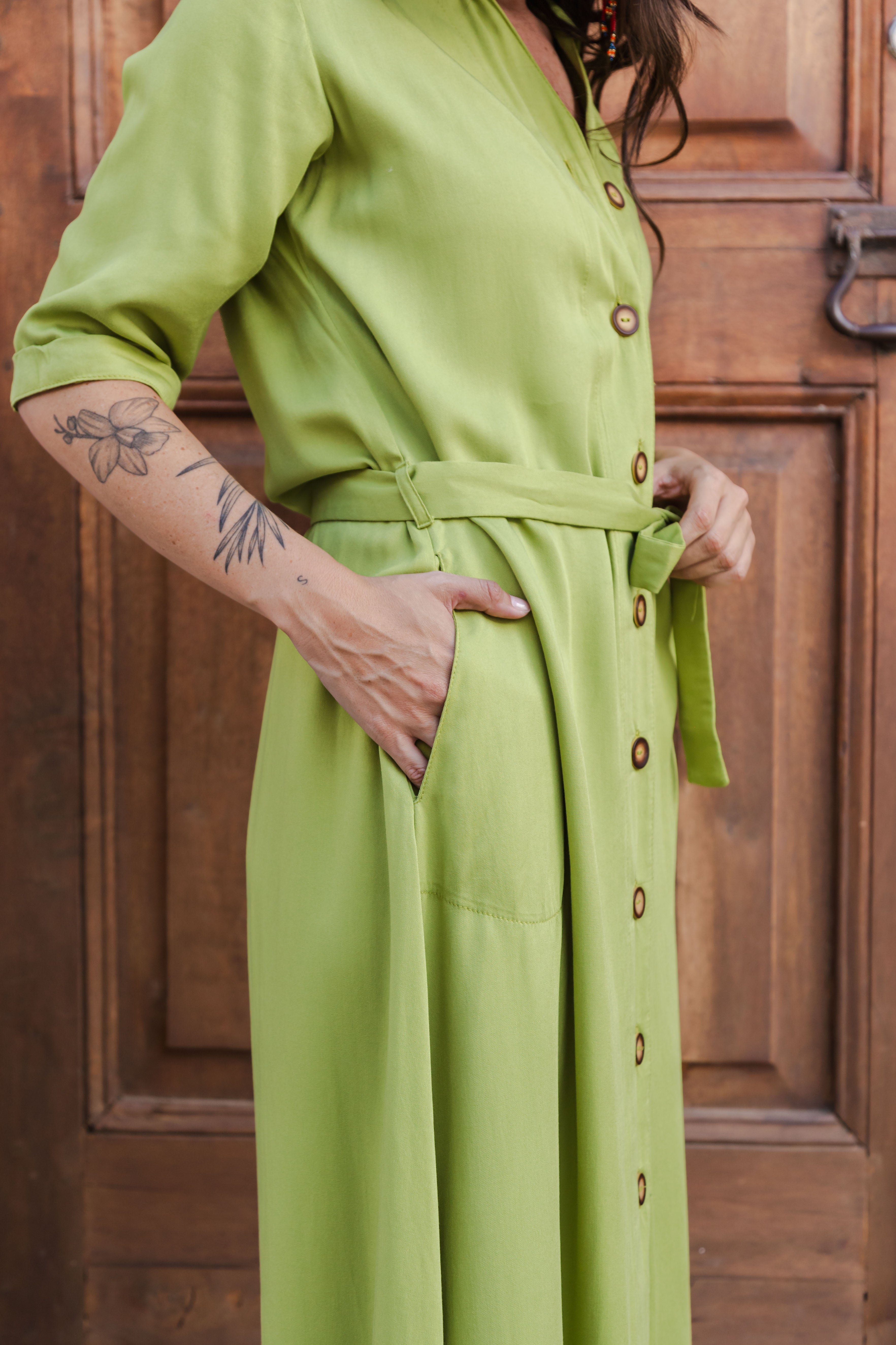Vestido Irina largo manga 3/4  multipropósito - Color verde limón