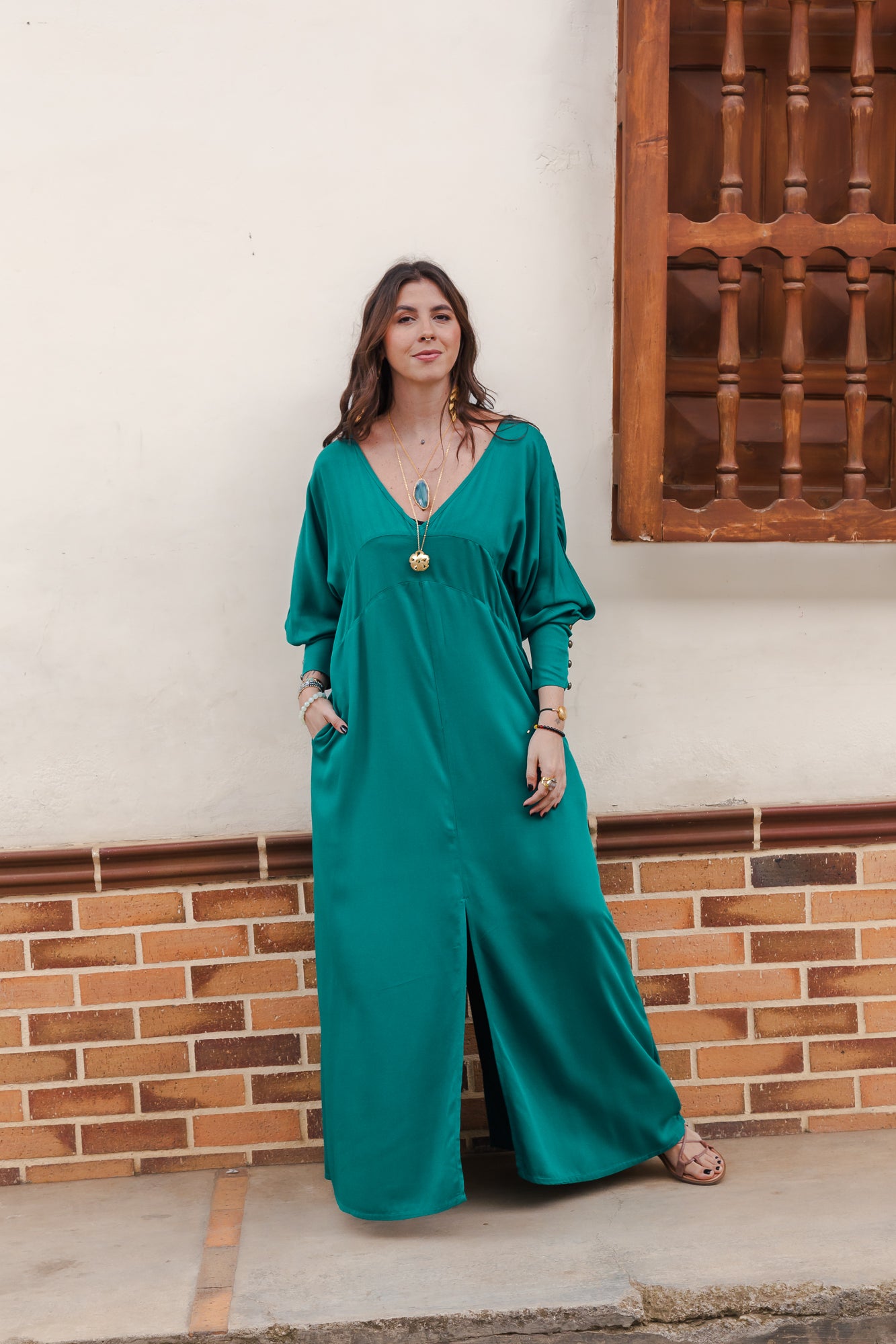 Vestido Mulatta manga larga y bolsillos - Verde esmeralda