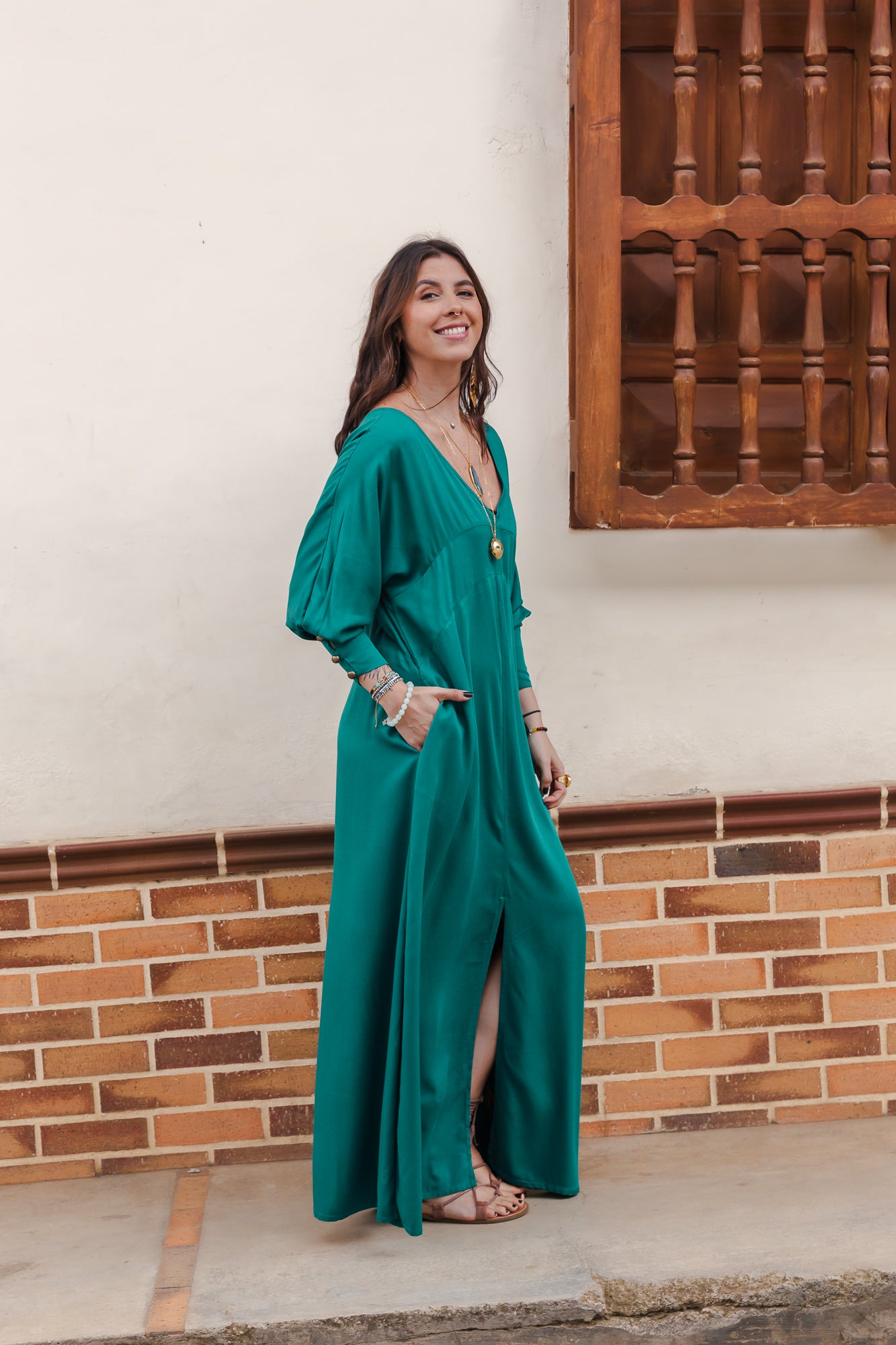 Vestido Mulatta manga larga y bolsillos - Verde esmeralda