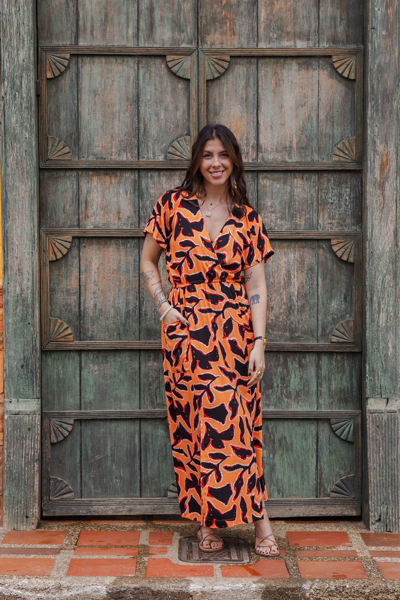 Vestido Étnica Largo con mangas y aberturas frontales - Llamas