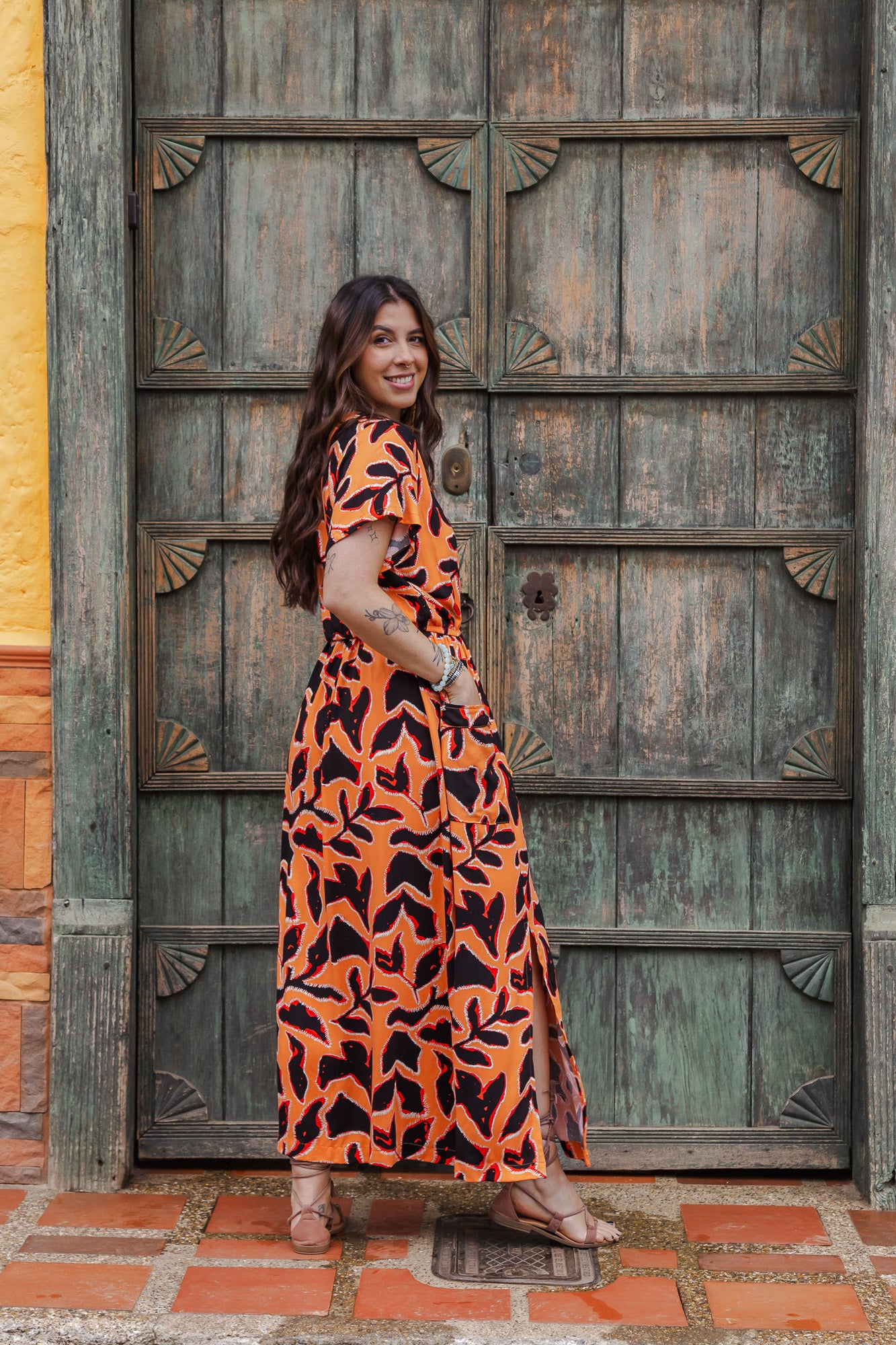 Vestido Étnica Largo con mangas y aberturas frontales - Llamas