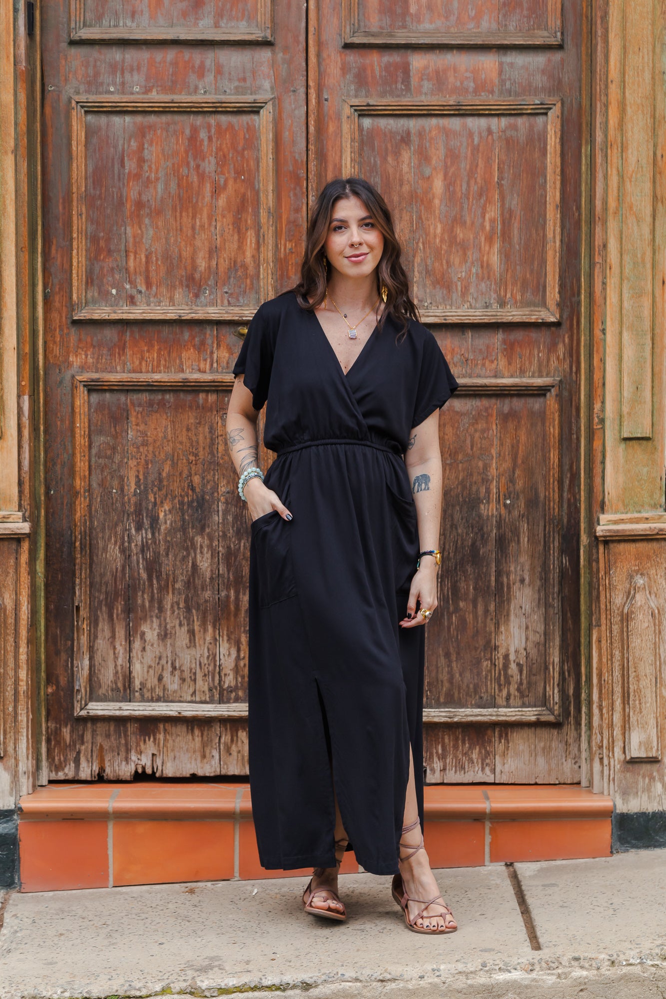 Vestido Étnica Largo con mangas y aberturas frontales - Negro