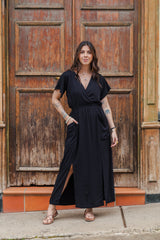 Vestido Étnica Largo con mangas y aberturas frontales - Negro