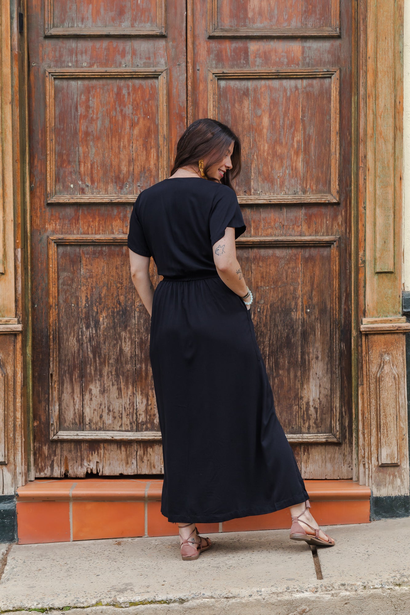 Vestido Étnica Largo con mangas y aberturas frontales - Negro