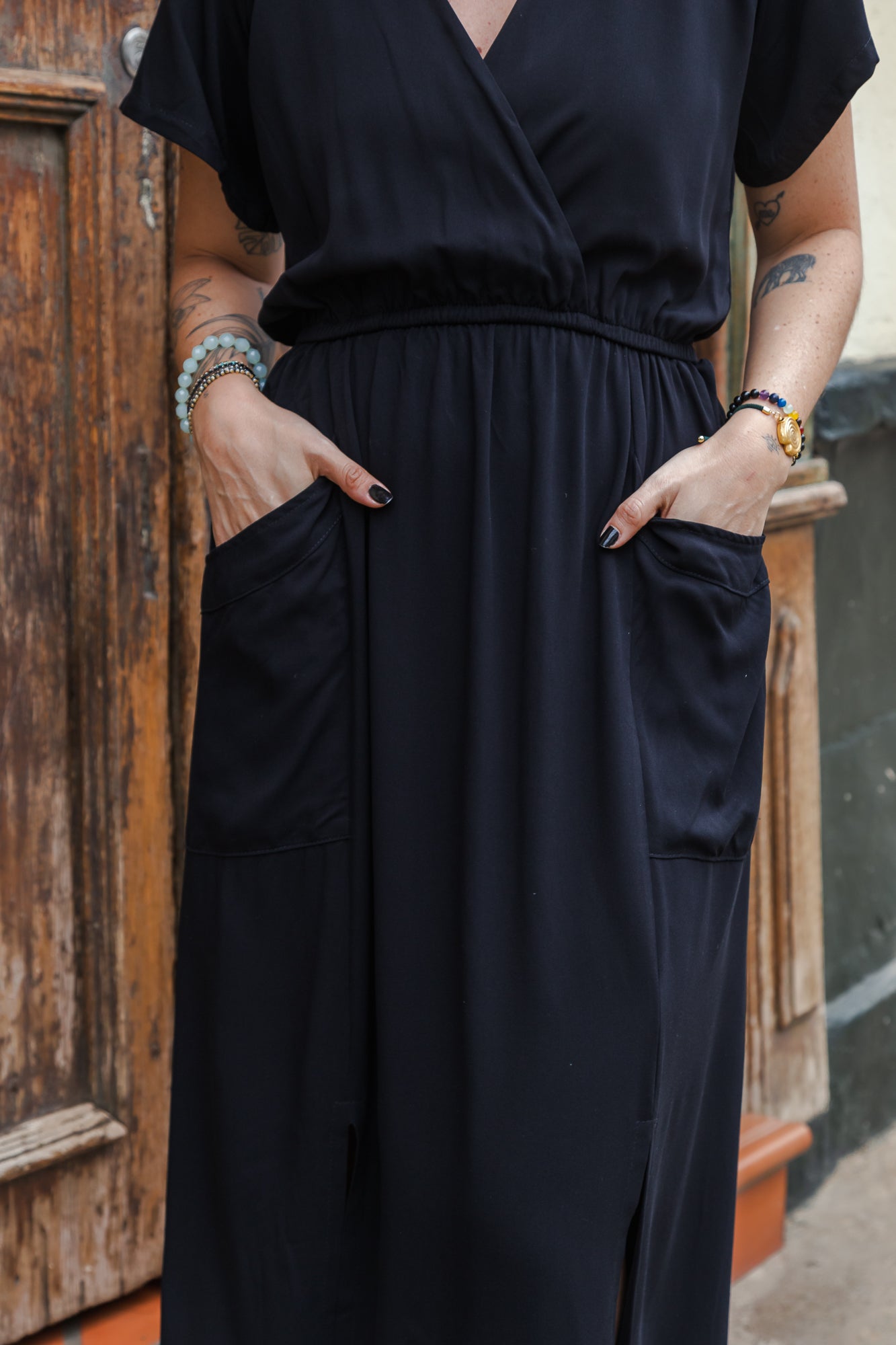 Vestido Étnica Largo con mangas y aberturas frontales - Negro