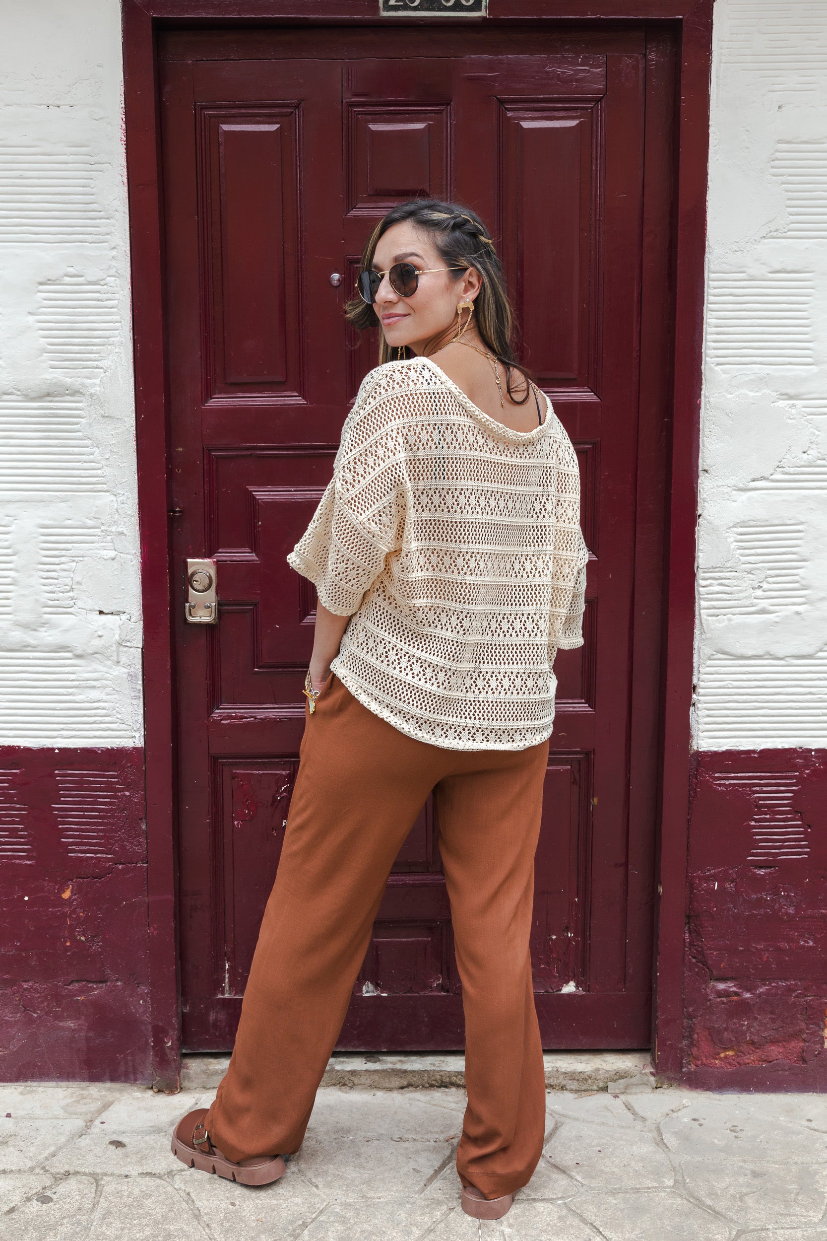 Blusa Mariposa tela de malla manga 3/4 - Beige