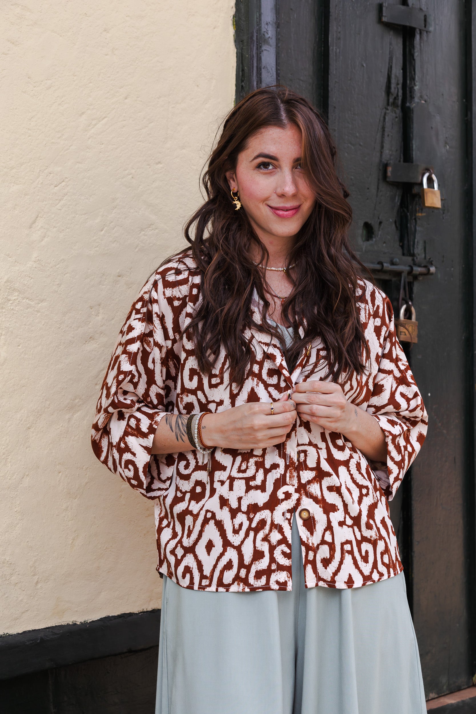 Blusa Boho manga 3/4  - Estampado Rombos Café